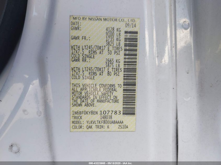 2014 Nissan Nv Cargo Nv2500 Hd Sv V6 VIN: 1N6BF0KY8EN107783 Lot: 43223865