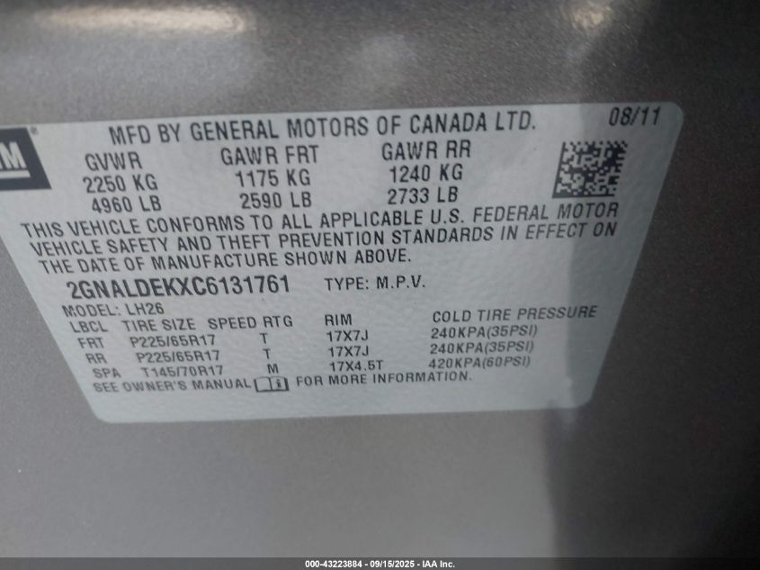 2012 Chevrolet Equinox 1Lt VIN: 2GNALDEKXC6131761 Lot: 43223884