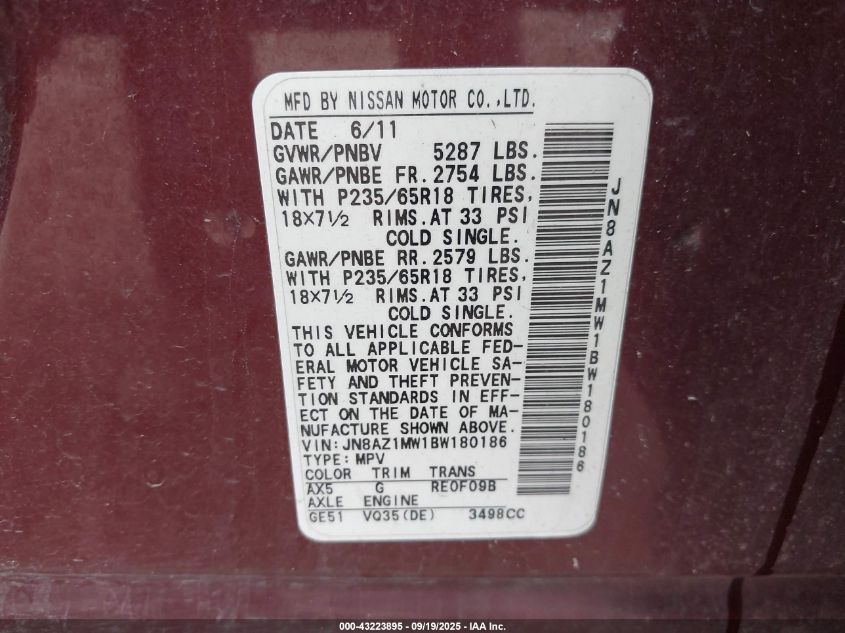 2011 Nissan Murano Sl VIN: JN8AZ1MW1BW180186 Lot: 43223895