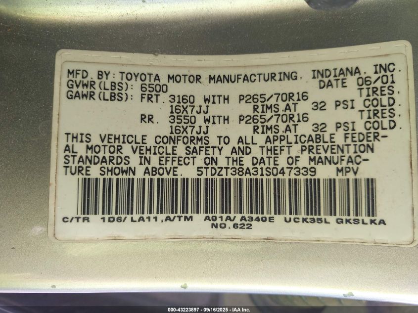 2001 Toyota Sequoia Limited V8 VIN: 5TDZT38A31S047339 Lot: 43223897