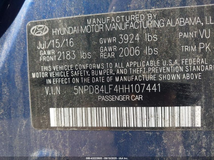 2017 Hyundai Elantra Se VIN: 5NPD84LF4HH107441 Lot: 43223905