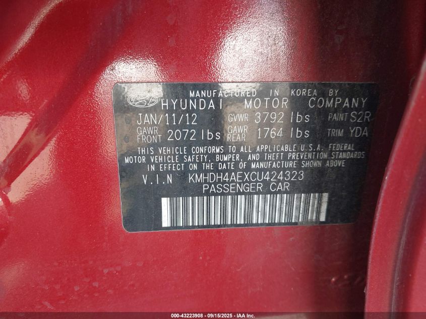 2012 Hyundai Elantra Gls (Ulsan Plant) VIN: KMHDH4AEXCU424323 Lot: 43223908