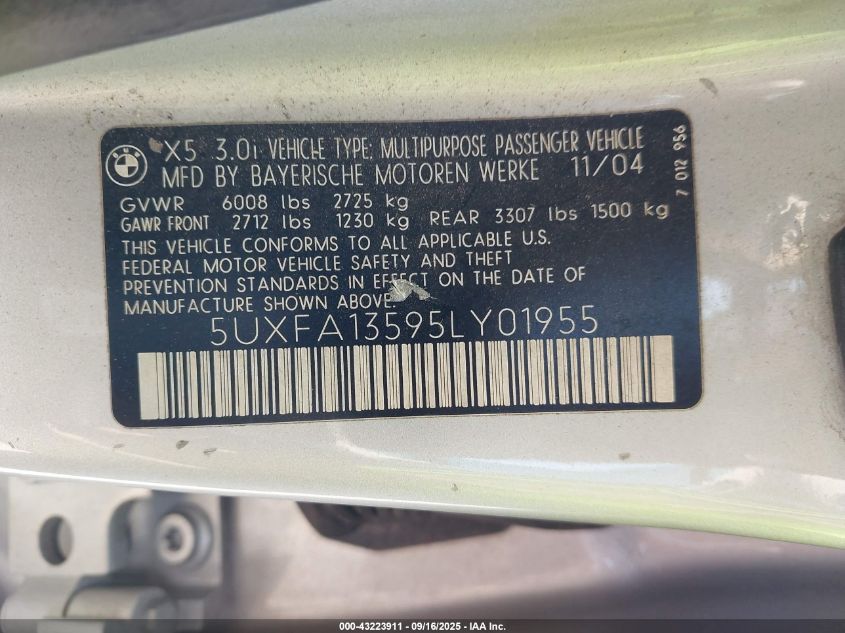 2005 BMW X5 3.0I VIN: 5UXFA13595LY01955 Lot: 43223911