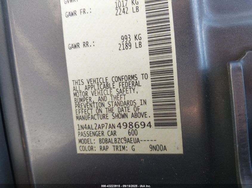 2010 Nissan Altima 2.5 S VIN: 1N4AL2AP7AN498694 Lot: 43223915