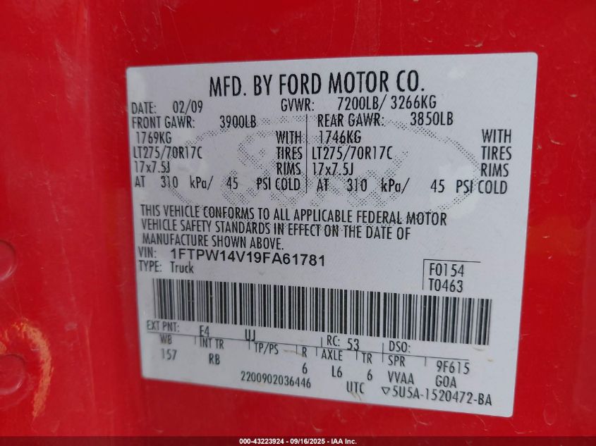 2009 Ford F-150 Fx4/King Ranch/Lariat/Platinum/Xl/Xlt VIN: 1FTPW14V19FA61781 Lot: 43223924