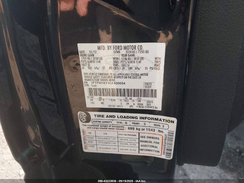2012 Ford F-150 Xlt VIN: 1FTFW1EF3CFA55054 Lot: 43223938