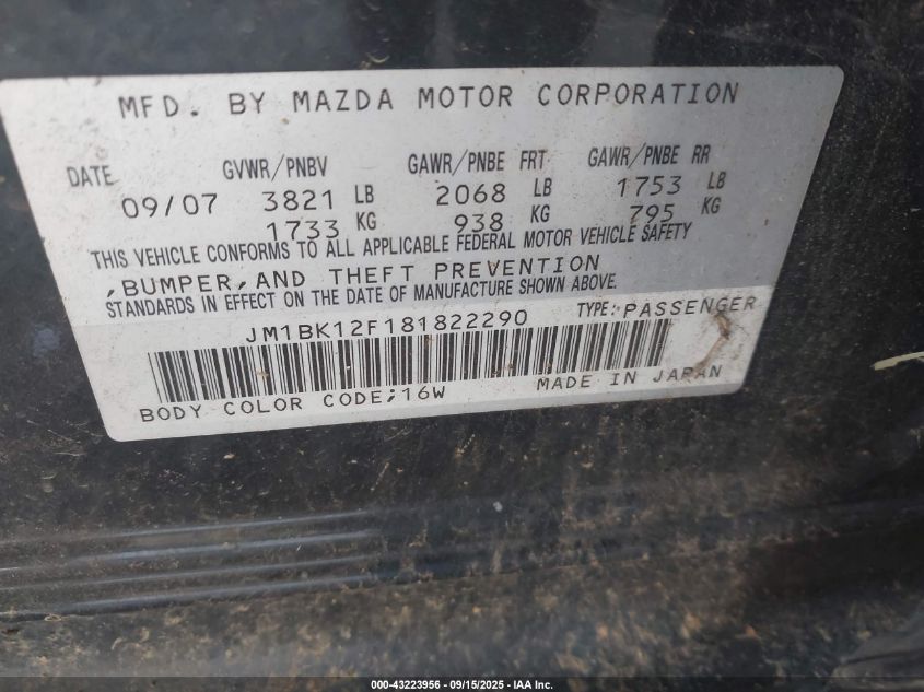 2008 Mazda Mazda3 I Sport VIN: JM1BK12F181822290 Lot: 43223956