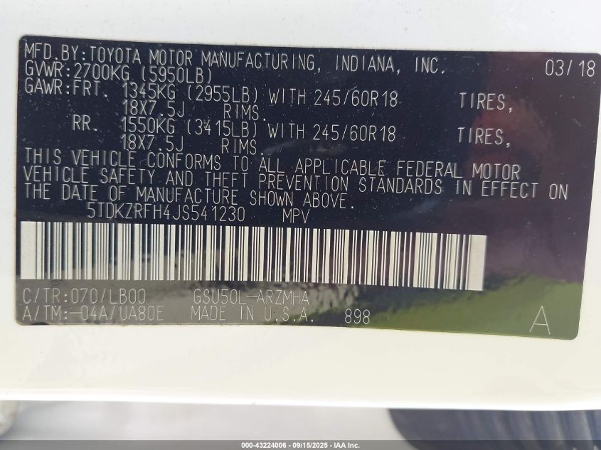 2018 Toyota Highlander Xle VIN: 5TDKZRFH4JS541230 Lot: 43224006