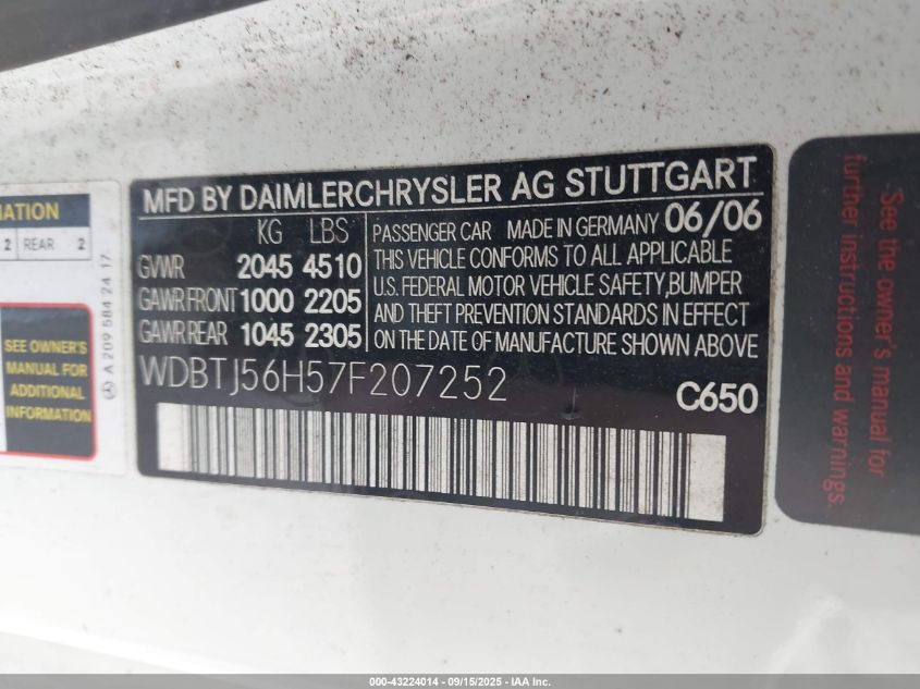 2007 Mercedes-Benz Clk 350 VIN: WDBTJ56H57F207252 Lot: 43224014