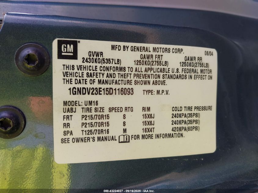 2005 Chevrolet Venture Ls VIN: 1GNDV23E15D116093 Lot: 43224027