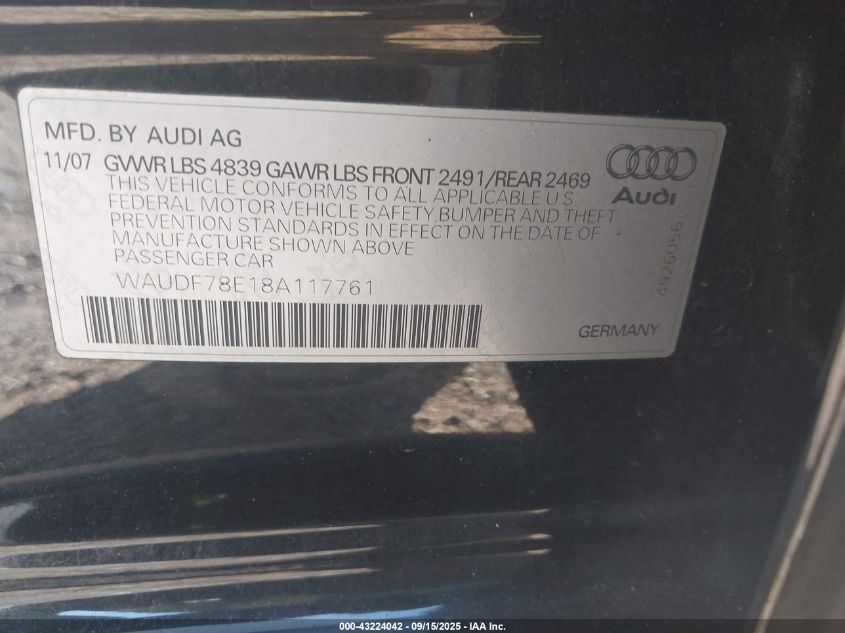 2008 Audi A4 2.0T/2.0T Special Edition VIN: WAUDF78E18A117761 Lot: 43224042