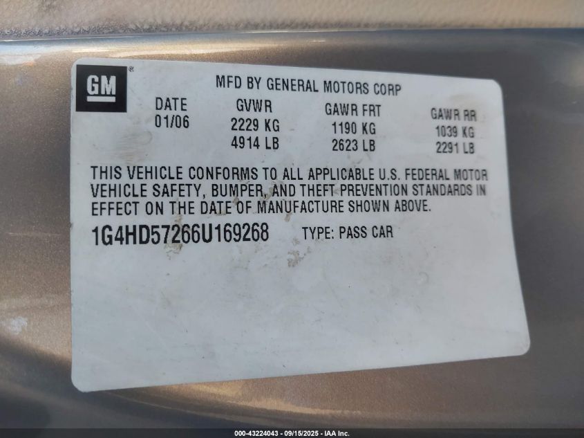 2006 Buick Lucerne Cxl VIN: 1G4HD57266U169268 Lot: 43224043