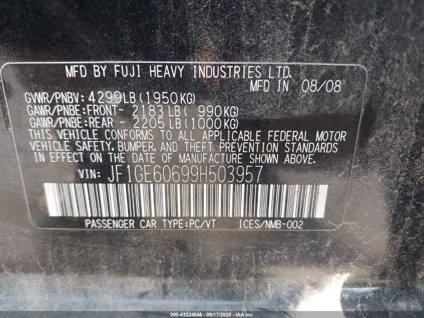 2009 Subaru Impreza 2.5I VIN: JF1GE60699H503957 Lot: 43224046