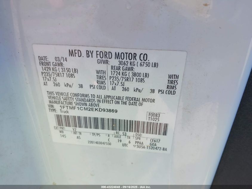 2014 Ford F-150 Xl VIN: 1FTMF1CM2EKD93869 Lot: 43224048