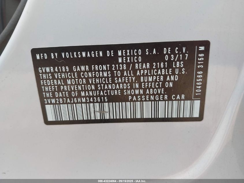 2017 Volkswagen Jetta 1.4T S VIN: 3VW2B7AJ6HM343615 Lot: 43224064