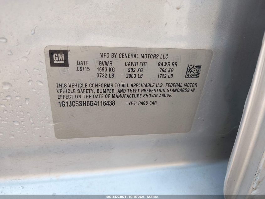 2016 Chevrolet Sonic Lt Auto VIN: 1G1JC5SH6G4116438 Lot: 43224071