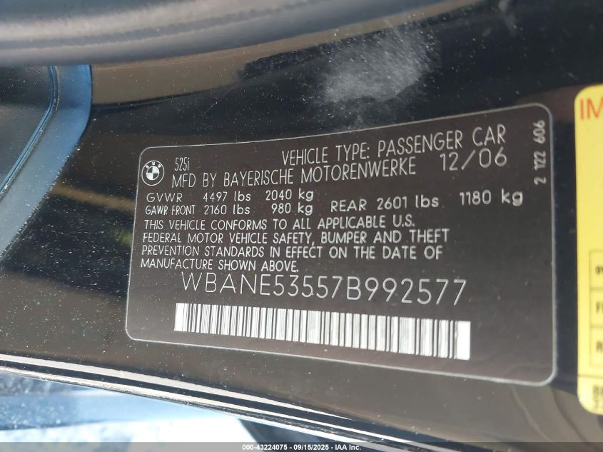 2007 BMW 525I VIN: WBANE53557B992577 Lot: 43224075