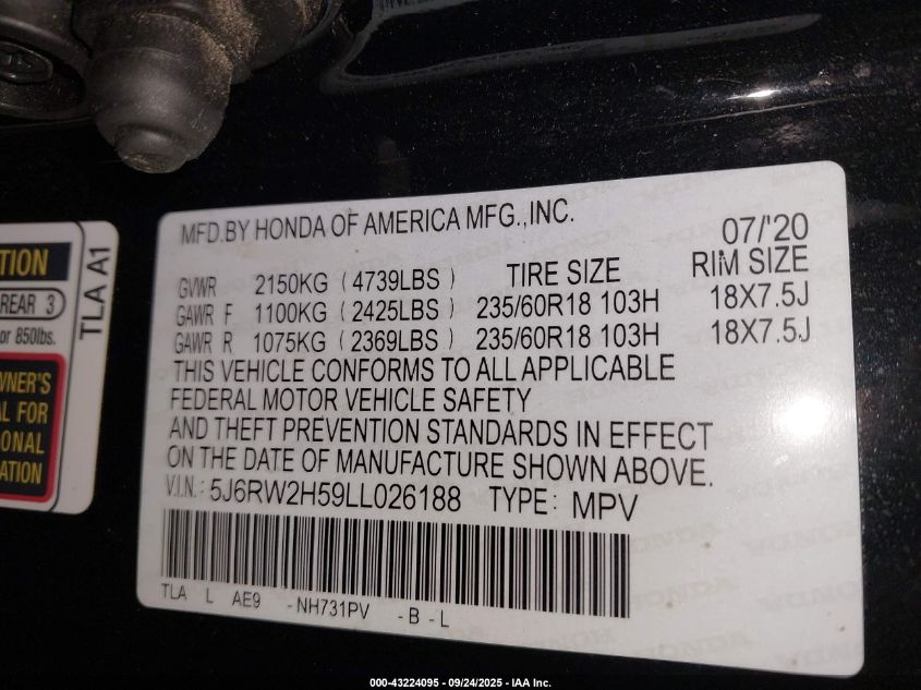2020 Honda Cr-V Awd Ex VIN: 5J6RW2H59LL026188 Lot: 43224095