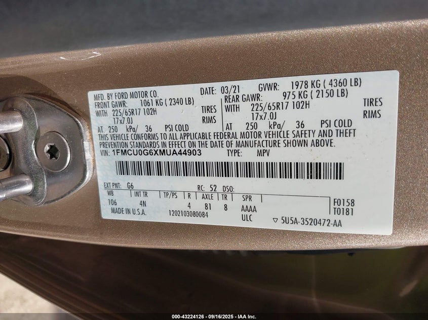 2021 FORD ESCAPE SE - 1FMCU0G6XMUA44903