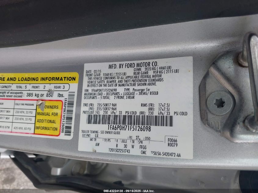 2015 Ford Fusion Se VIN: 1FA6P0H71F5126098 Lot: 43224138