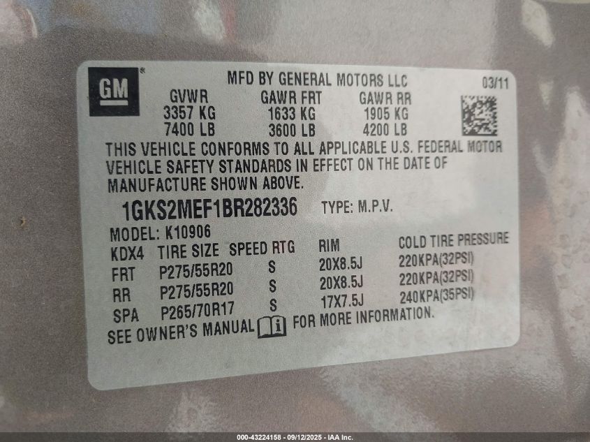 2011 GMC Yukon Xl 1500 Denali VIN: 1GKS2MEF1BR282336 Lot: 43224158