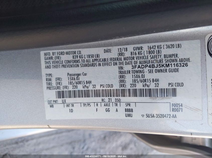 2019 Ford Fiesta Se VIN: 3FADP4BJ5KM116326 Lot: 43224171