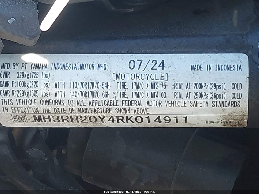 2024 Yamaha Mt-03 VIN: MH3RH20Y4RK014911 Lot: 43224190