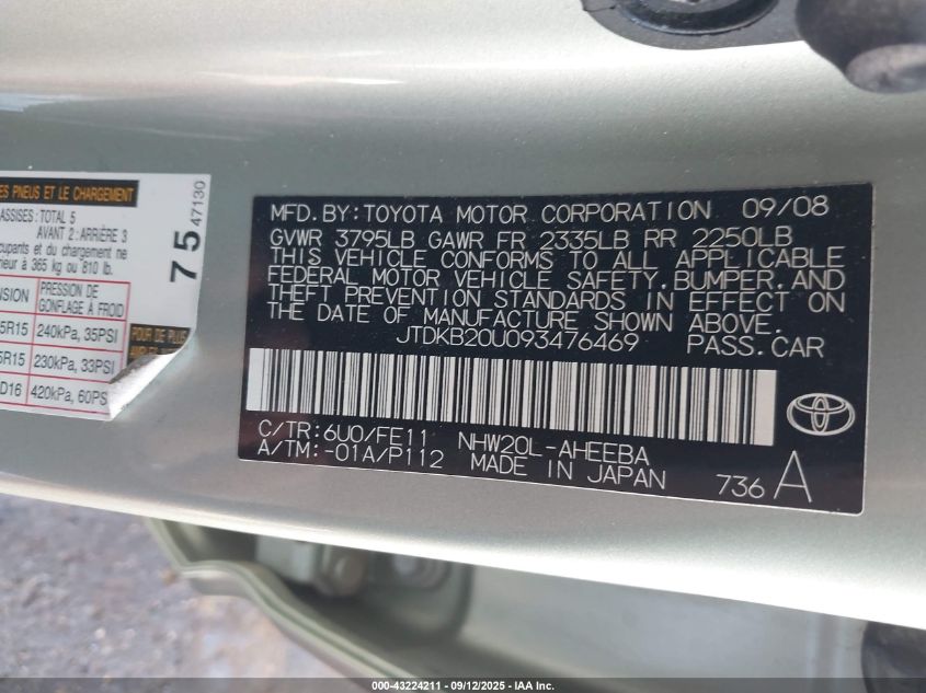 2009 Toyota Prius VIN: JTDKB20U093476469 Lot: 43224211