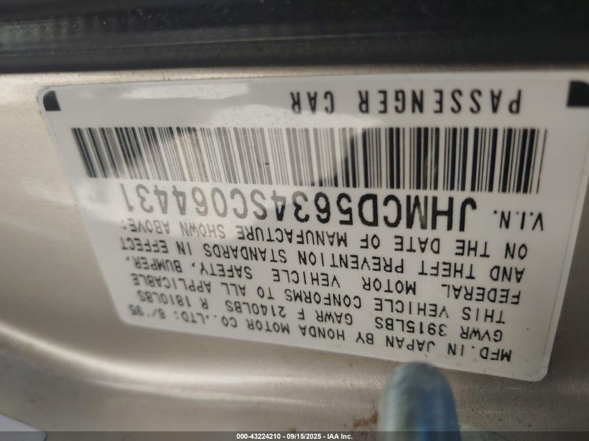 1995 Honda Accord Lx VIN: JHMCD5634SC064431 Lot: 43224210