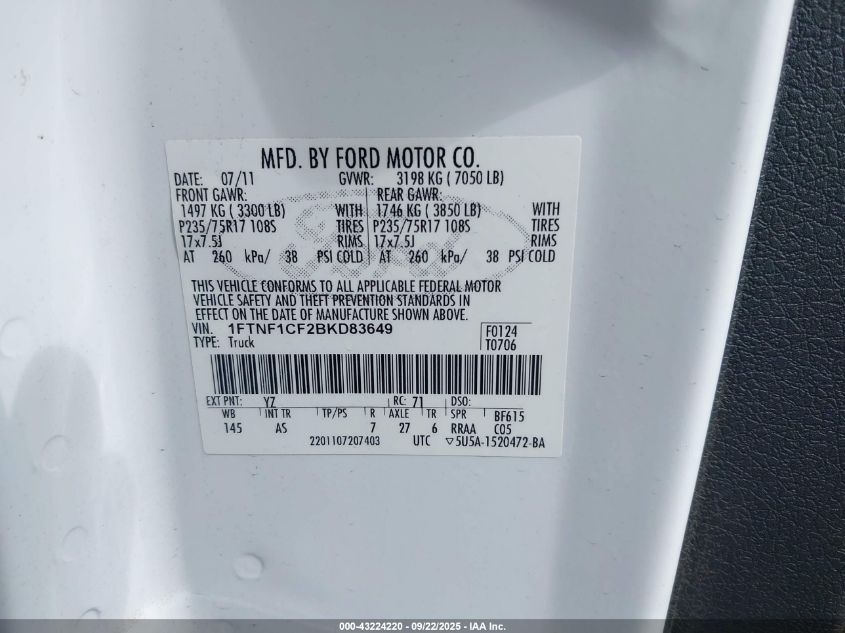 2011 Ford F-150 Xl VIN: 1FTNF1CF2BKD83649 Lot: 43224220