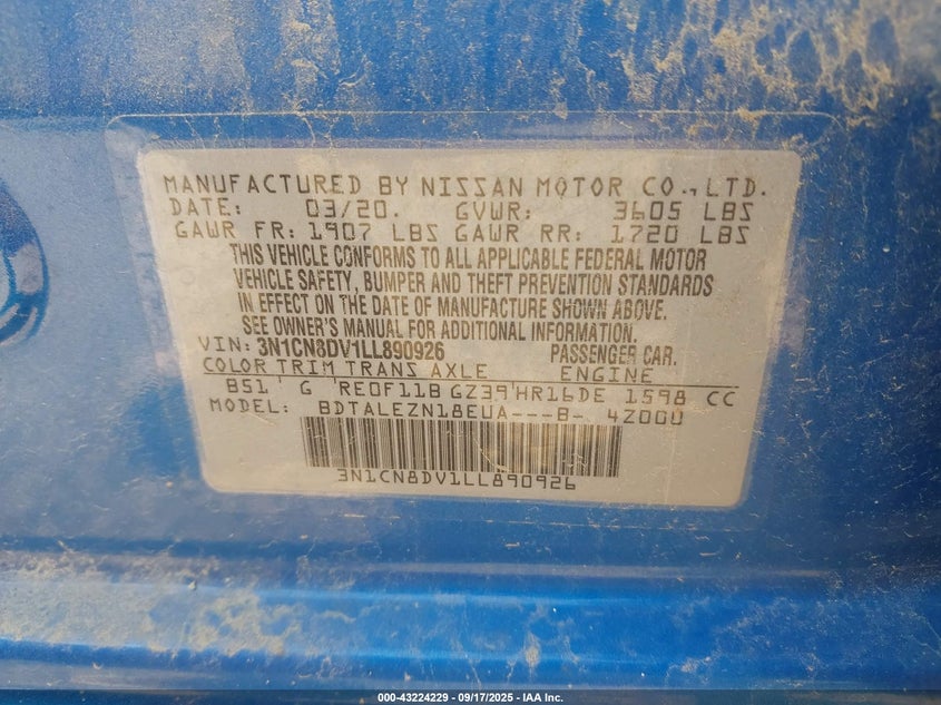 2020 Nissan Versa S Xtronic Cvt VIN: 3N1CN8DV1LL890926 Lot: 43224229