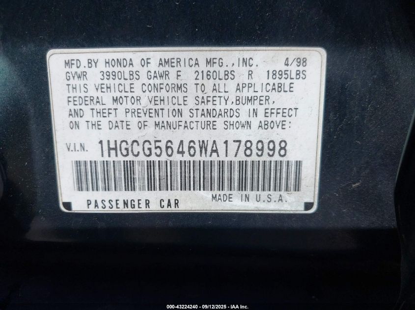 1998 Honda Accord Lx VIN: 1HGCG5646WA178998 Lot: 43224240