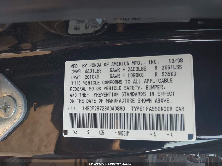 2009 Honda Accord 2.4 Ex VIN: 1HGCP26729A040890 Lot: 43224241