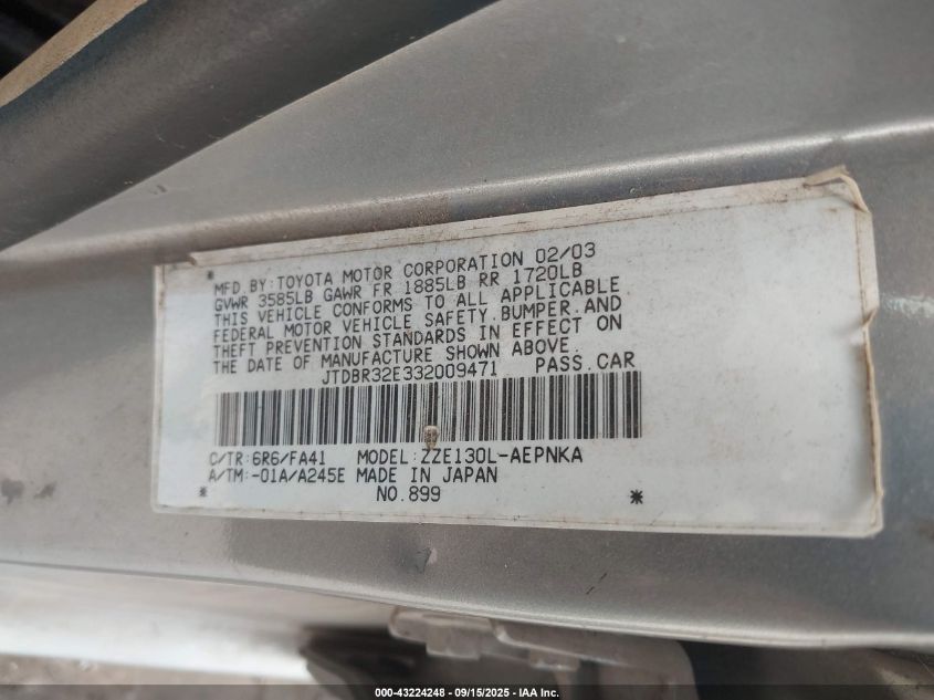 2003 Toyota Corolla Le VIN: JTDBR32E332009471 Lot: 43224248