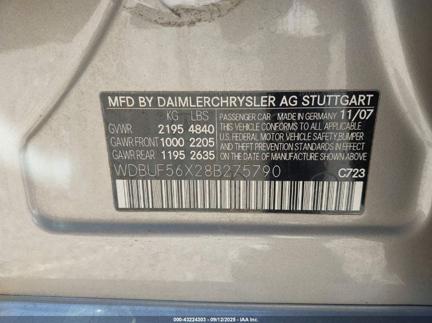 2008 Mercedes-Benz E 350 VIN: WDBUF56X28B275790 Lot: 43224303