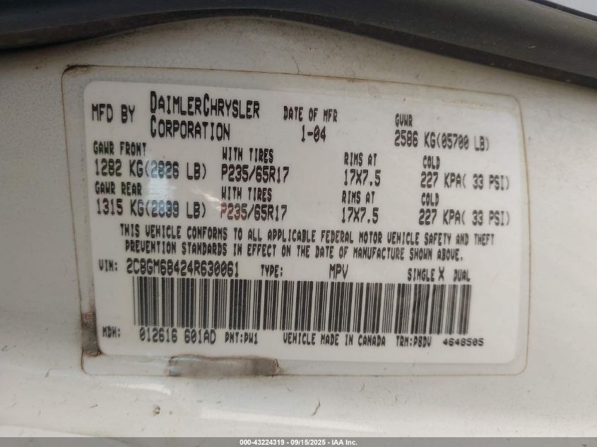 2004 Chrysler Pacifica VIN: 2C8GM68424R630061 Lot: 43224319