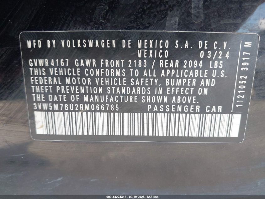 2024 Volkswagen Jetta 1.5T S VIN: 3VW5M7BU2RM066785 Lot: 43224318