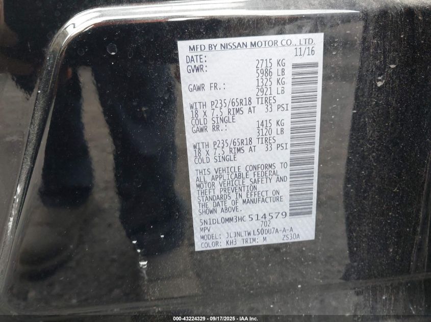 2017 Infiniti Qx60 VIN: 5N1DL0MM3HC514579 Lot: 43224329