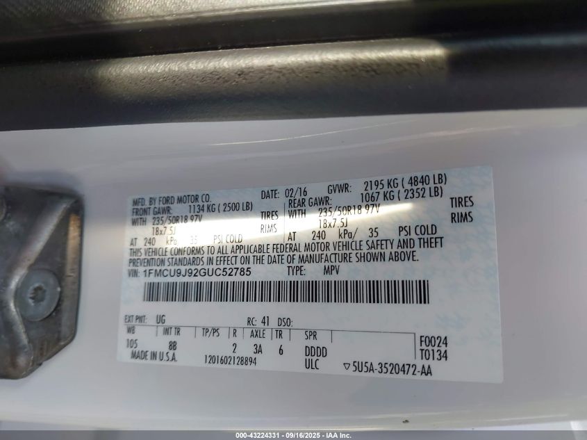 2016 Ford Escape Titanium VIN: 1FMCU9J92GUC52785 Lot: 43224331