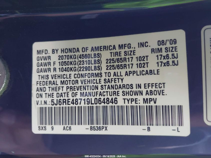 2009 Honda Cr-V Ex-L VIN: 5J6RE48719L064846 Lot: 43224334