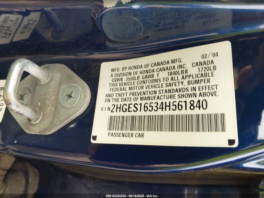 2004 Honda Civic Lx VIN: 2HGES16534H561840 Lot: 43224338