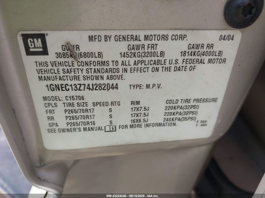 2004 Chevrolet Tahoe Lt VIN: 1GNEC13Z74J282044 Lot: 43224340