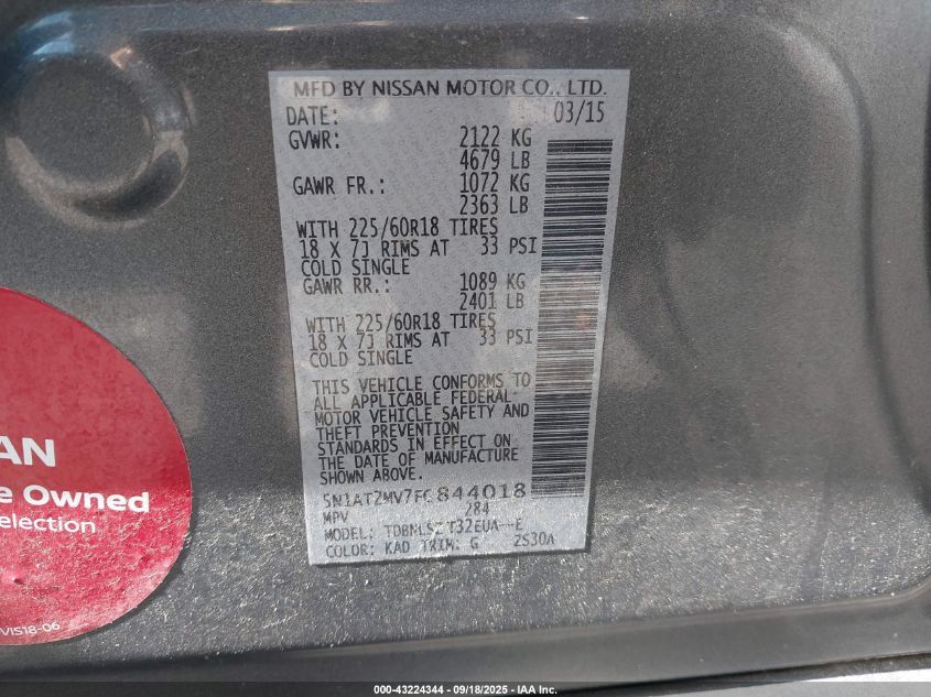 2015 Nissan Rogue Sl VIN: 5N1AT2MV7FC844018 Lot: 43224344