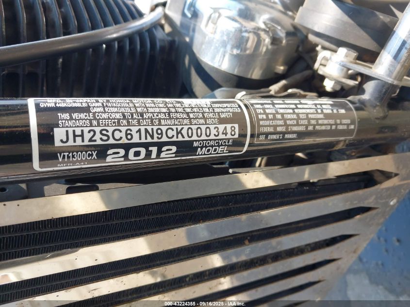2012 Honda Vt1300 Cx VIN: JH2SC61N9CK000348 Lot: 43224355