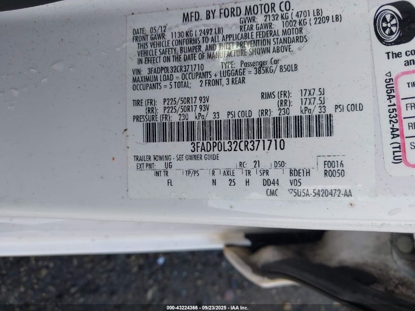 2012 Ford Fusion Hybrid VIN: 3FADP0L32CR371710 Lot: 43224366