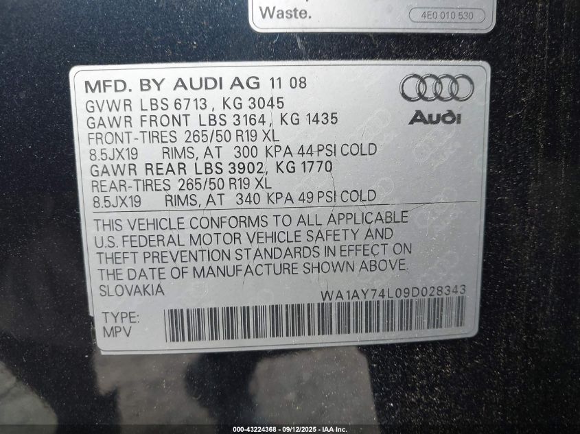 2009 Audi Q7 3.6 Premium VIN: WA1AY74L09D028343 Lot: 43224368