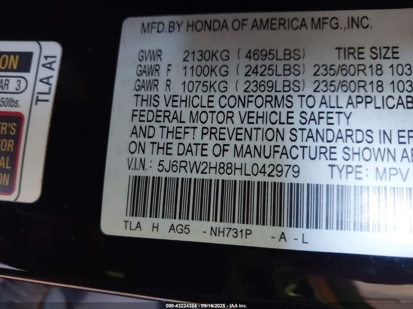 2017 Honda Cr-V Ex-L/Ex-L Navi VIN: 5J6RW2H88HL042979 Lot: 43224384