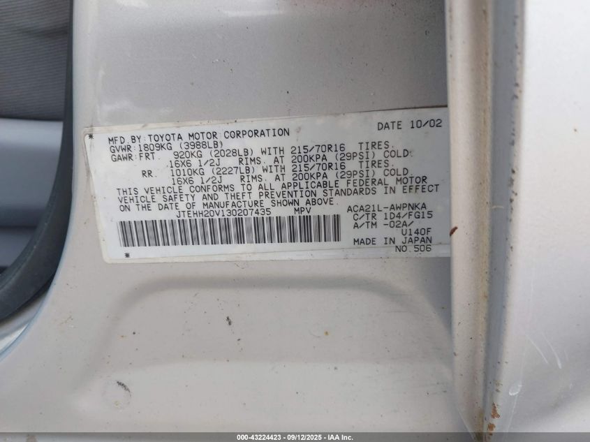 2003 Toyota Rav4 VIN: JTEHH20V130207435 Lot: 43224423