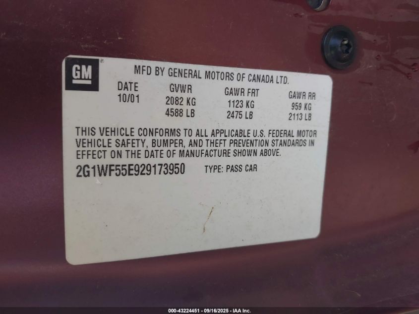 2002 Chevrolet Impala VIN: 2G1WF55E929173950 Lot: 43224451