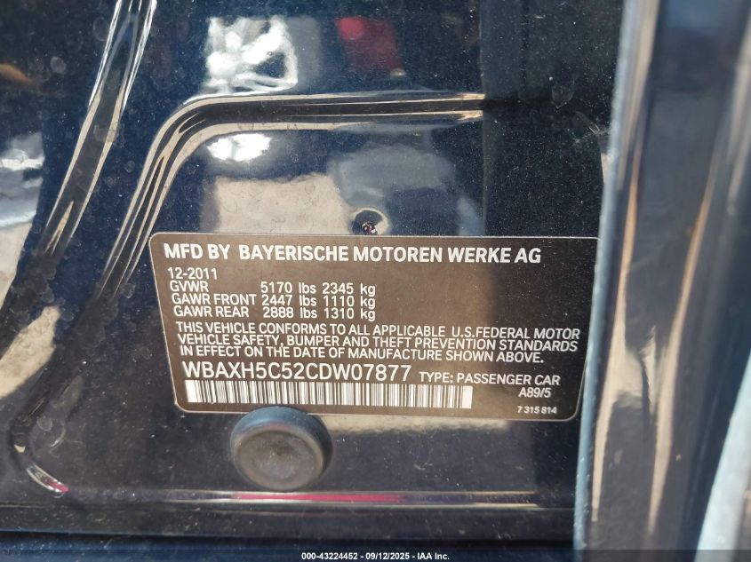 2012 BMW 528I xDrive VIN: WBAXH5C52CDW07877 Lot: 43224452